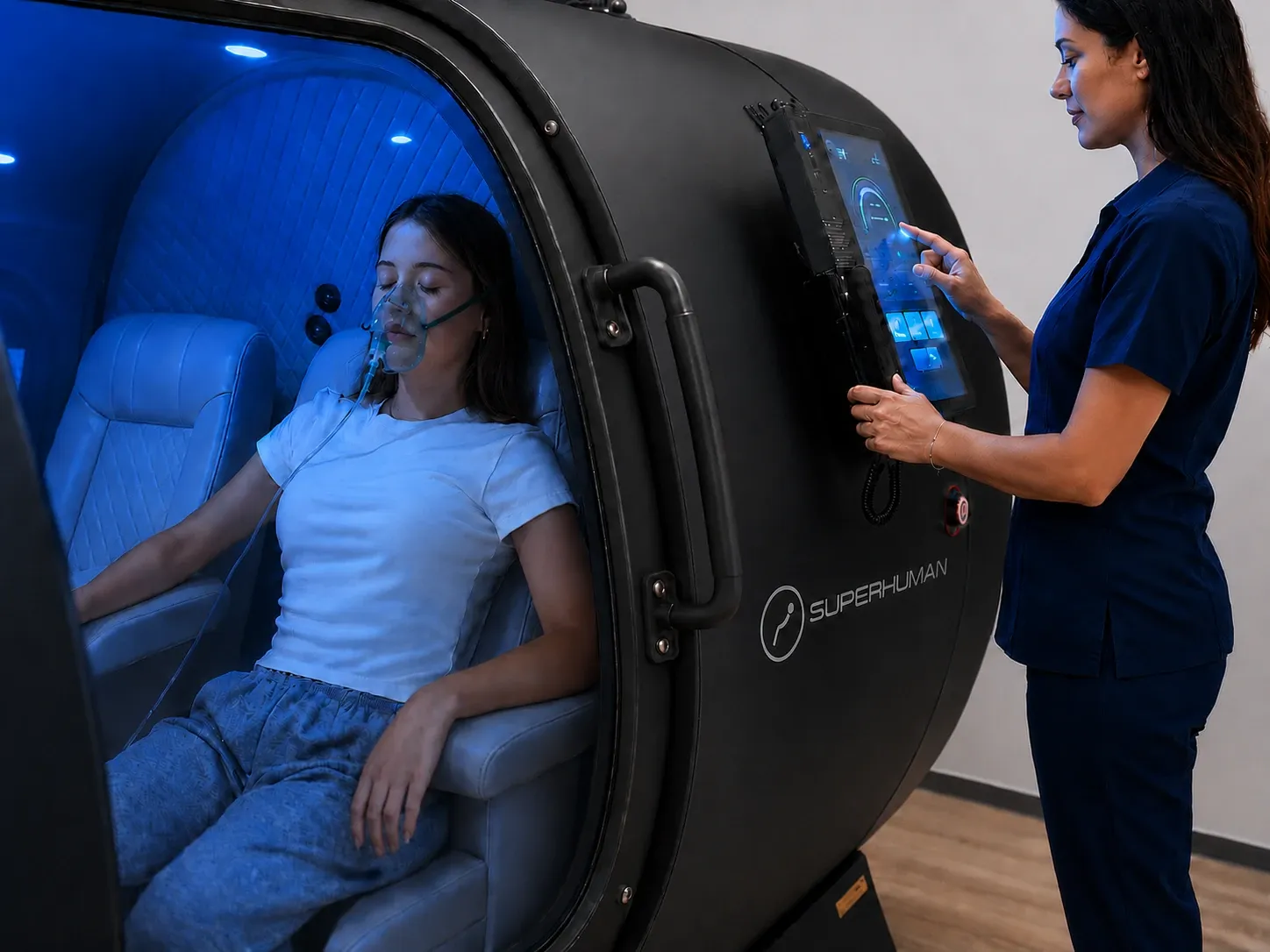 Superhuman hard-shell hyperbaric chamber in a premium interior