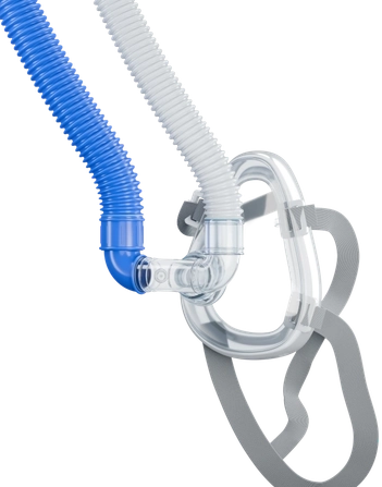 Sealed BIBS mask with grey head straps, a clear supply hose and a blue exhaust hose.