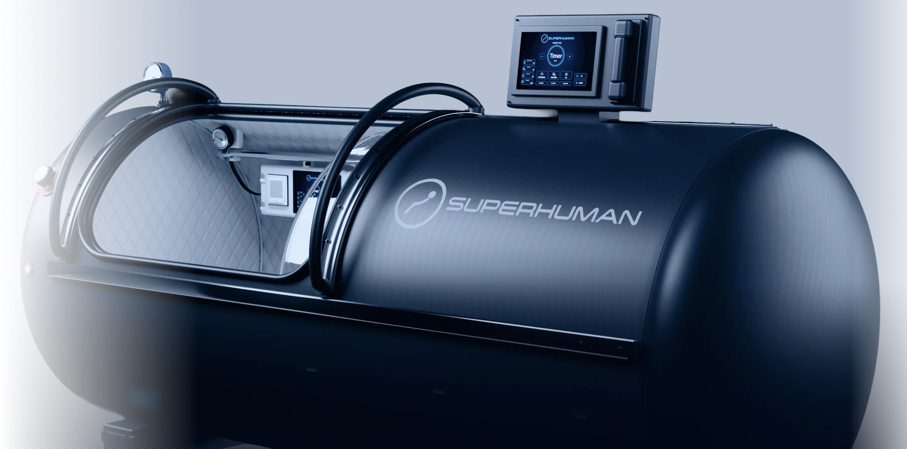 The Superhuman L1 from a low front angle, the viewport open and its control screen lit
