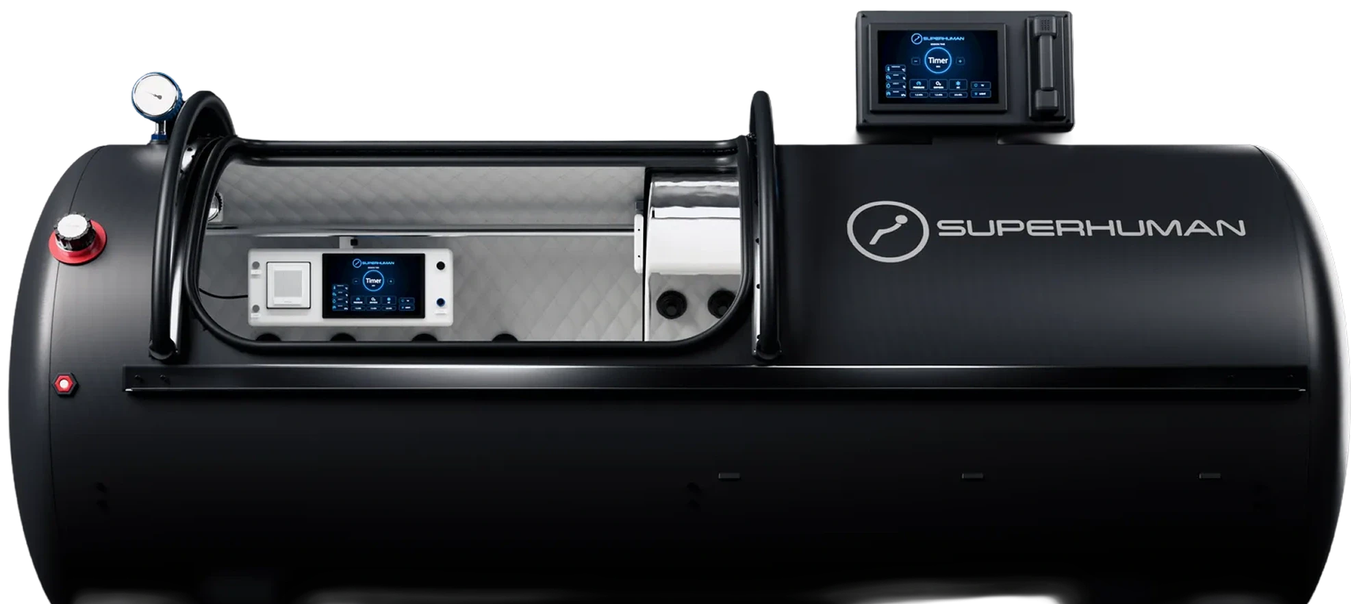 The Superhuman L1 from the side in Matte Black, its viewport, control panel and control screen