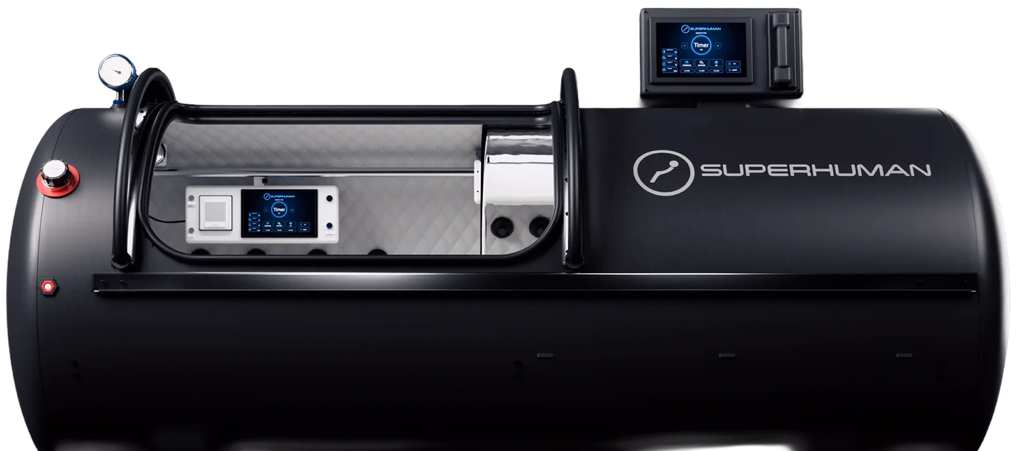 Superhuman L1 single-person hard-shell chamber in Matte Black, the viewport and control panel on the left, the control screen on top