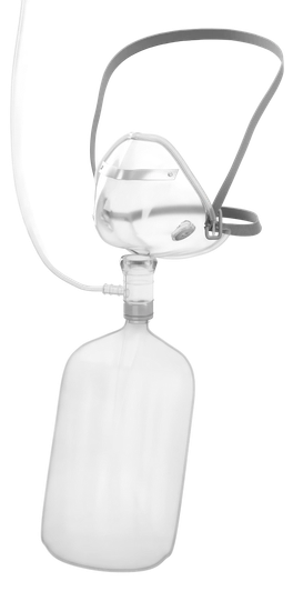 Clear non-rebreather oxygen mask with a grey head strap and a reservoir bag.