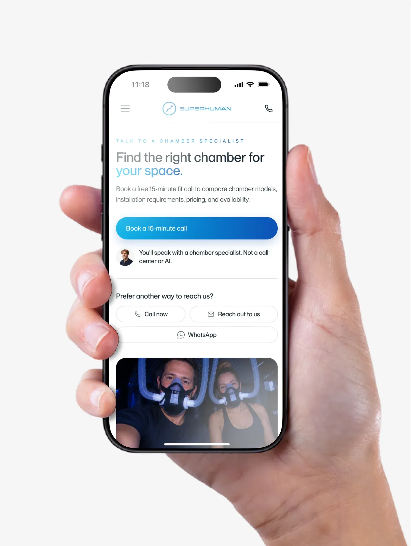 A hand holding a phone open on the fit-call page