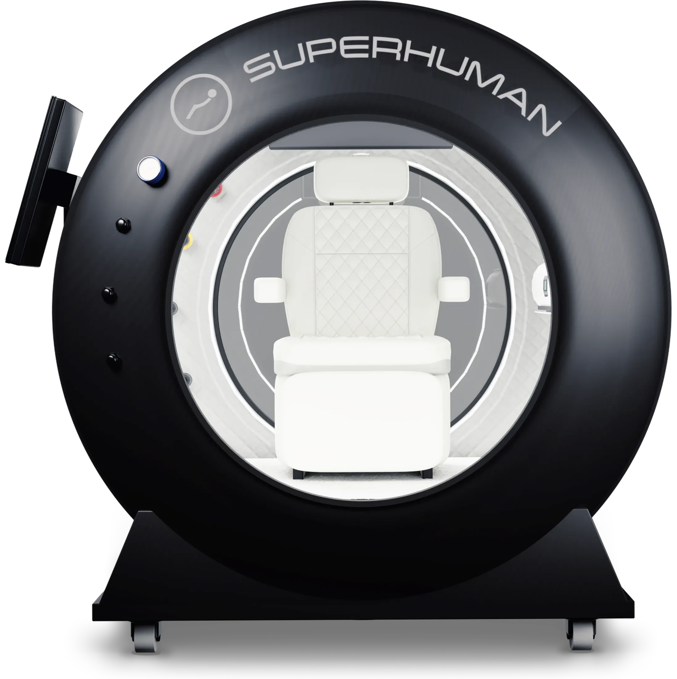 Superhuman X seated hard-shell chamber with its touchscreen control panel and round side window