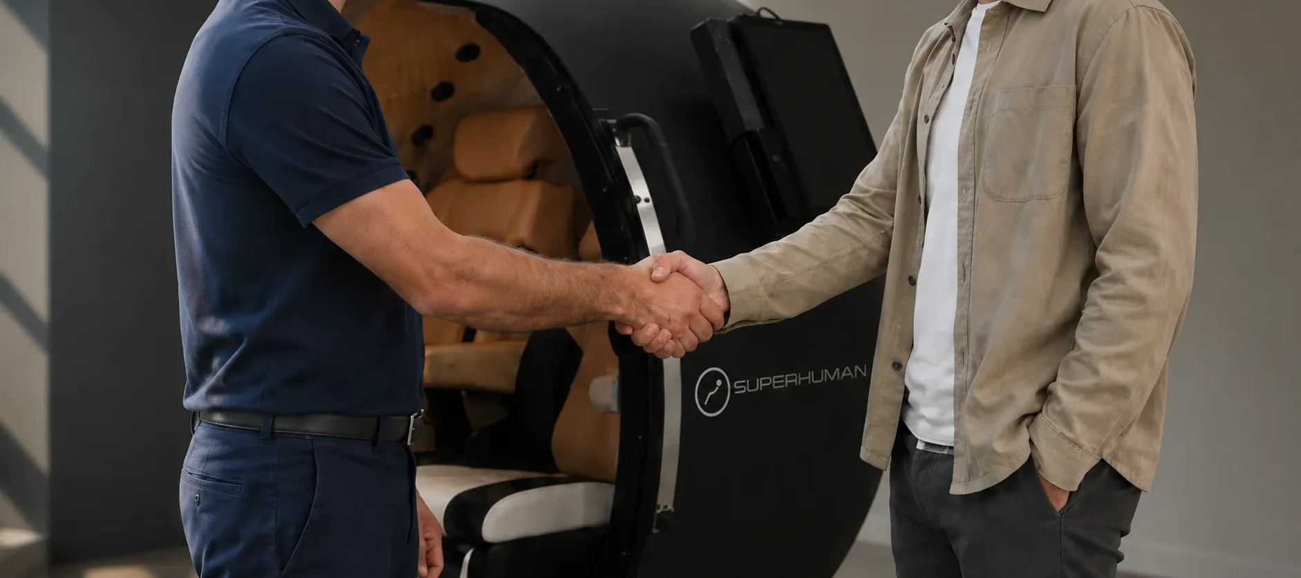 A Superhuman specialist shaking hands with an operator in front of a walk-in chamber