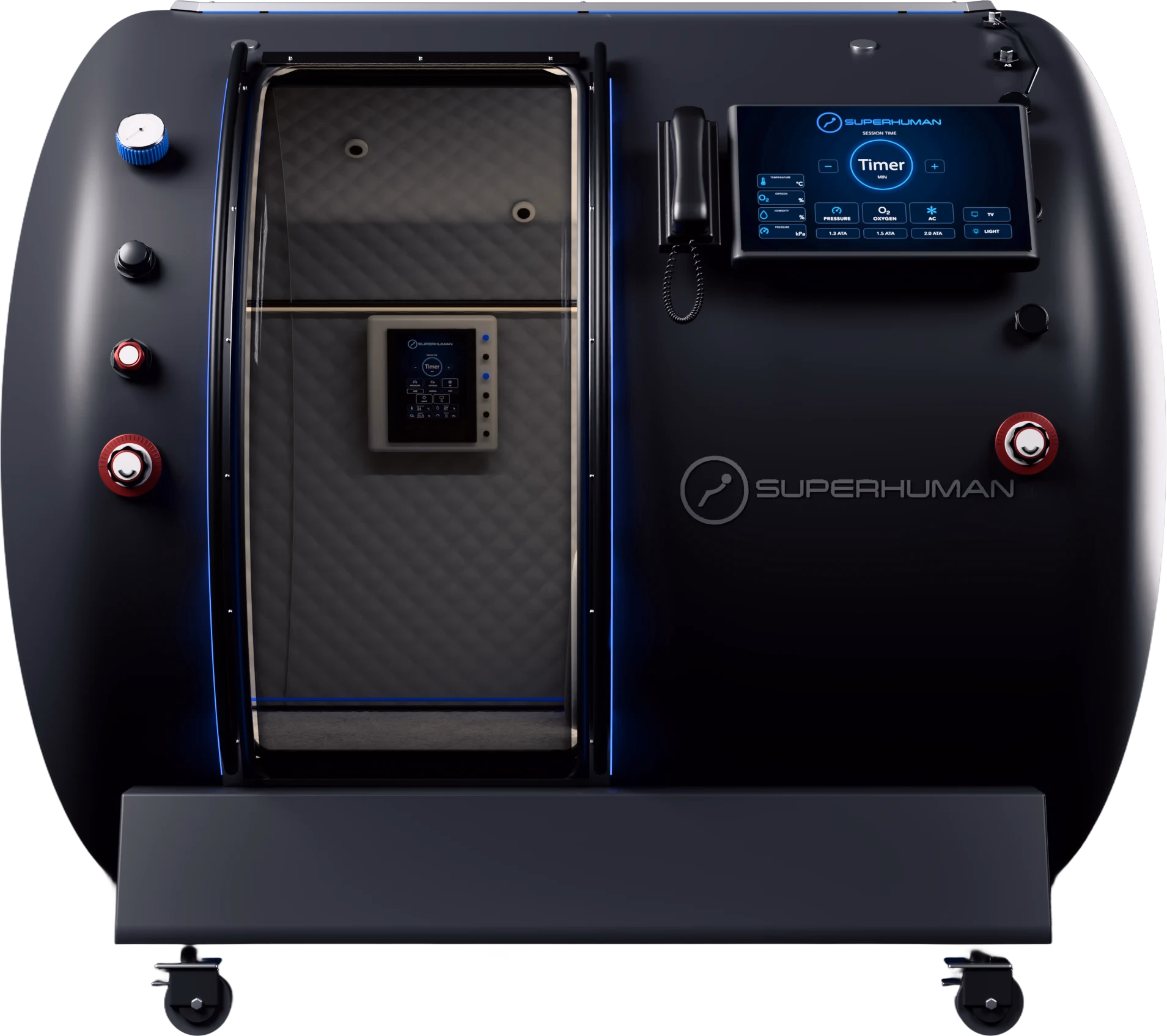 Superhuman T2 two-seat hard-shell chamber from the front, walk-in door on the left, control screen and intercom on the right