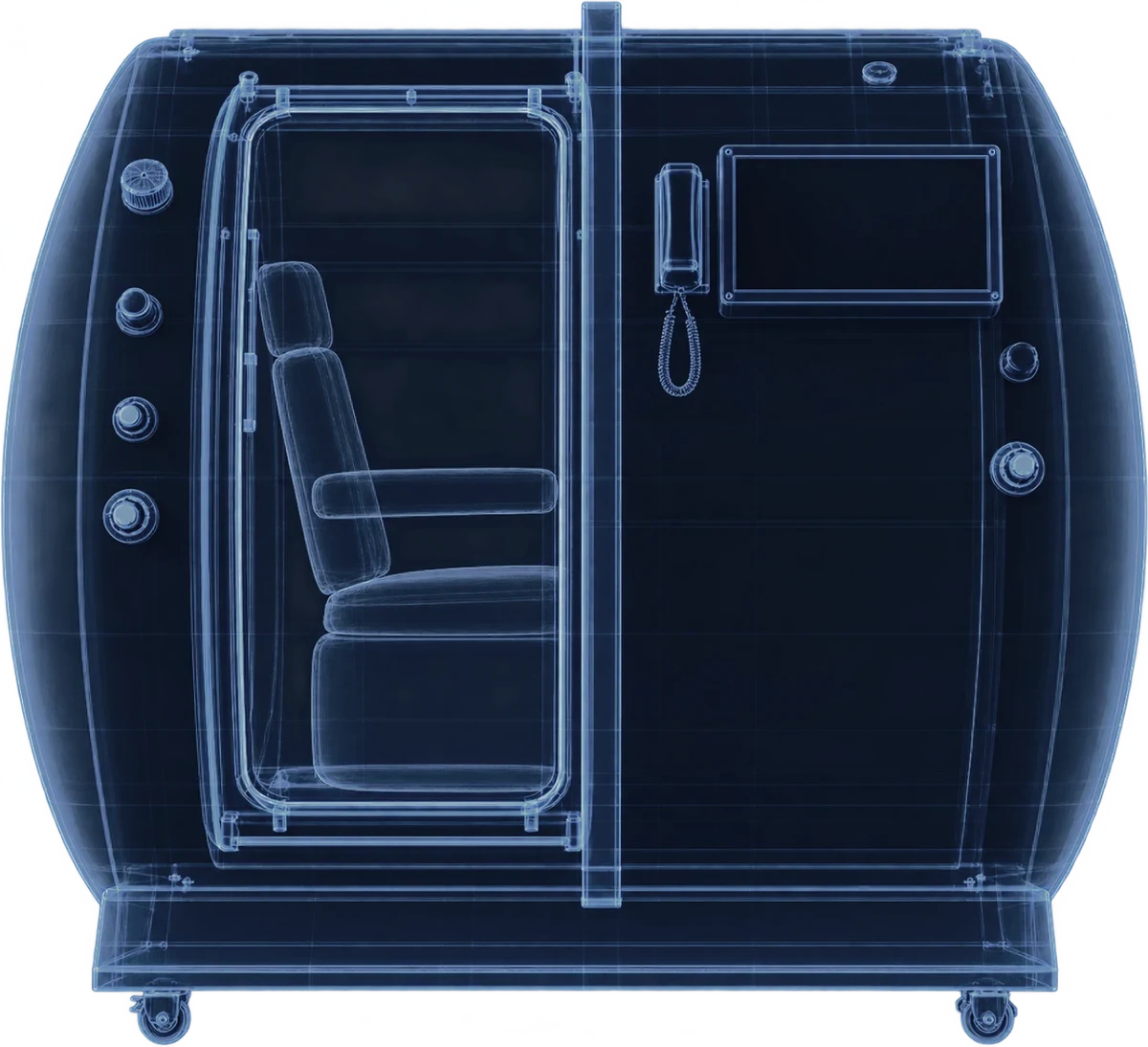 X-ray line drawing of the Superhuman T2 from the front, a recliner visible through the door, the intercom and control screen on the right