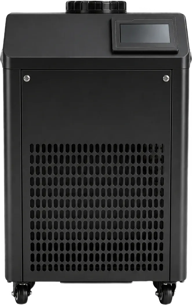 The X all-in-one cabinet: a black rolling unit with a small screen on top and a vented front