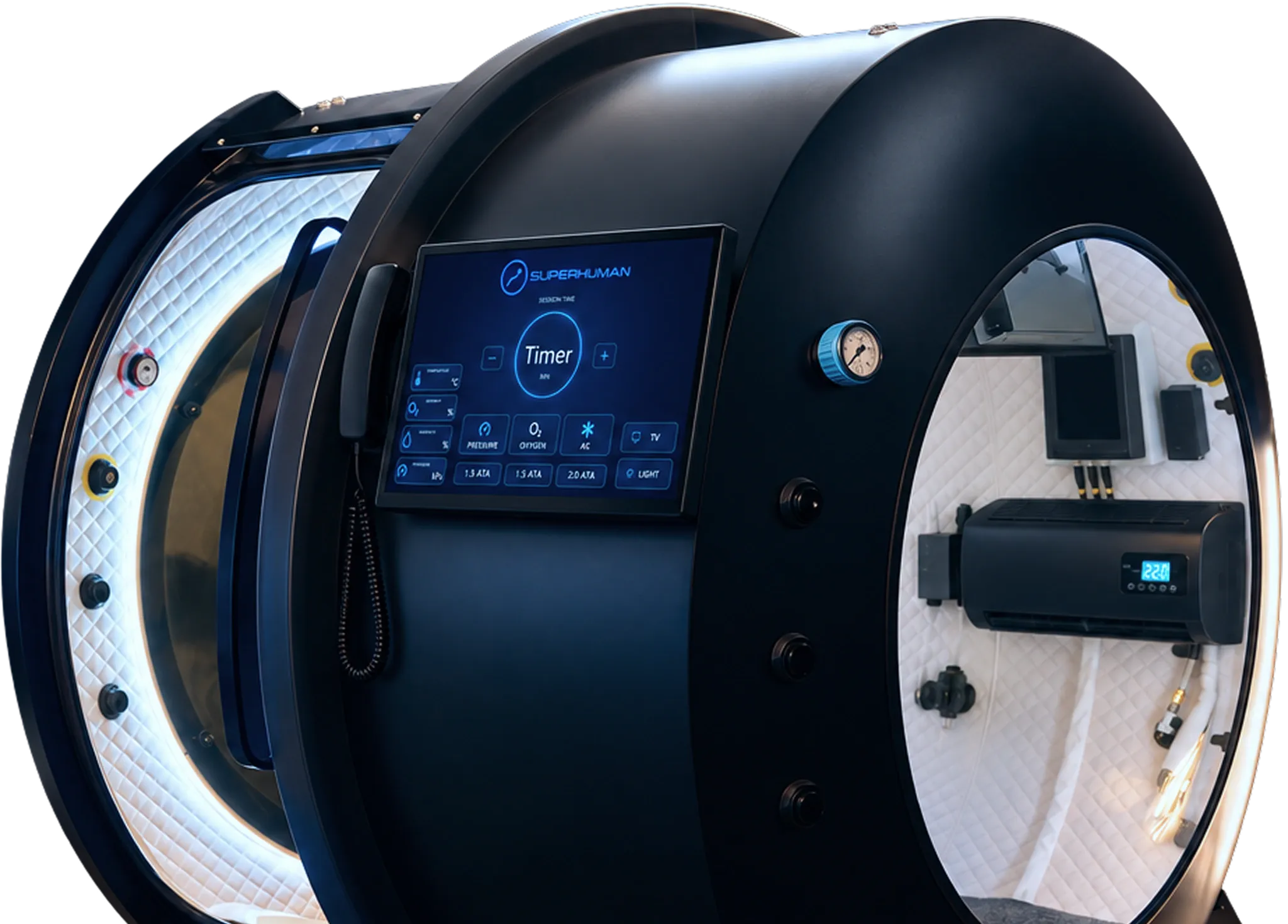 Superhuman X single-seat hard-shell chamber, door open, control screen on the door