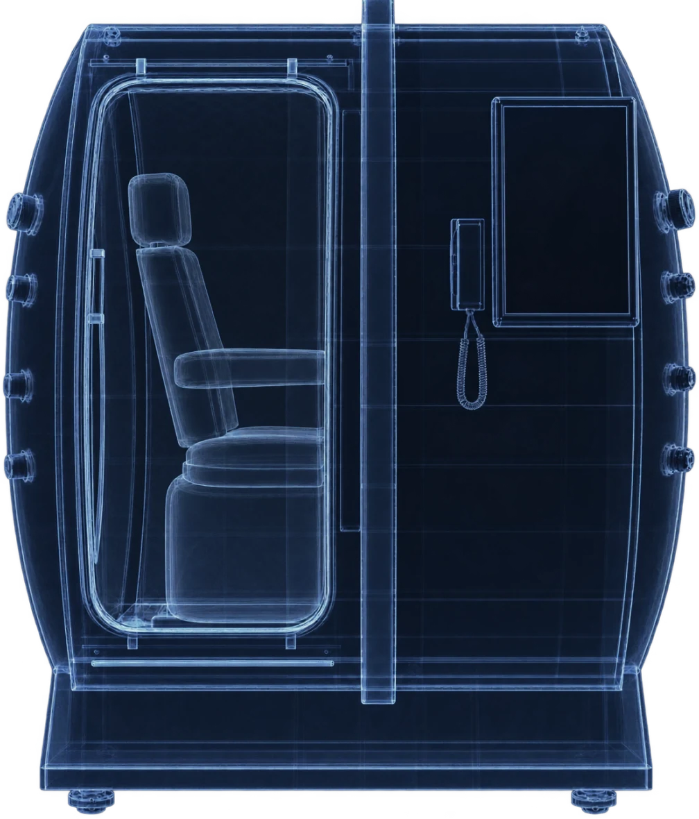 X-ray view of the Superhuman X: the recliner behind the door, the intercom handset and the screen on the shell wall