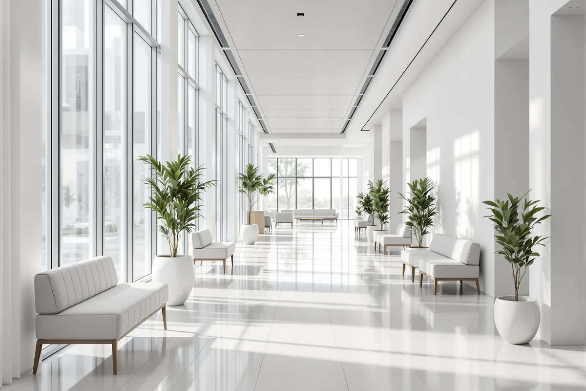 Bright spacious wellness facility hall with minimalist seating and floor-to-ceiling windows