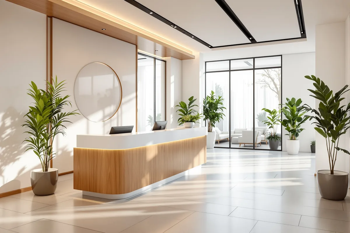 Reception area of a premium modern wellness center with a warm-wood front desk and natural daylight