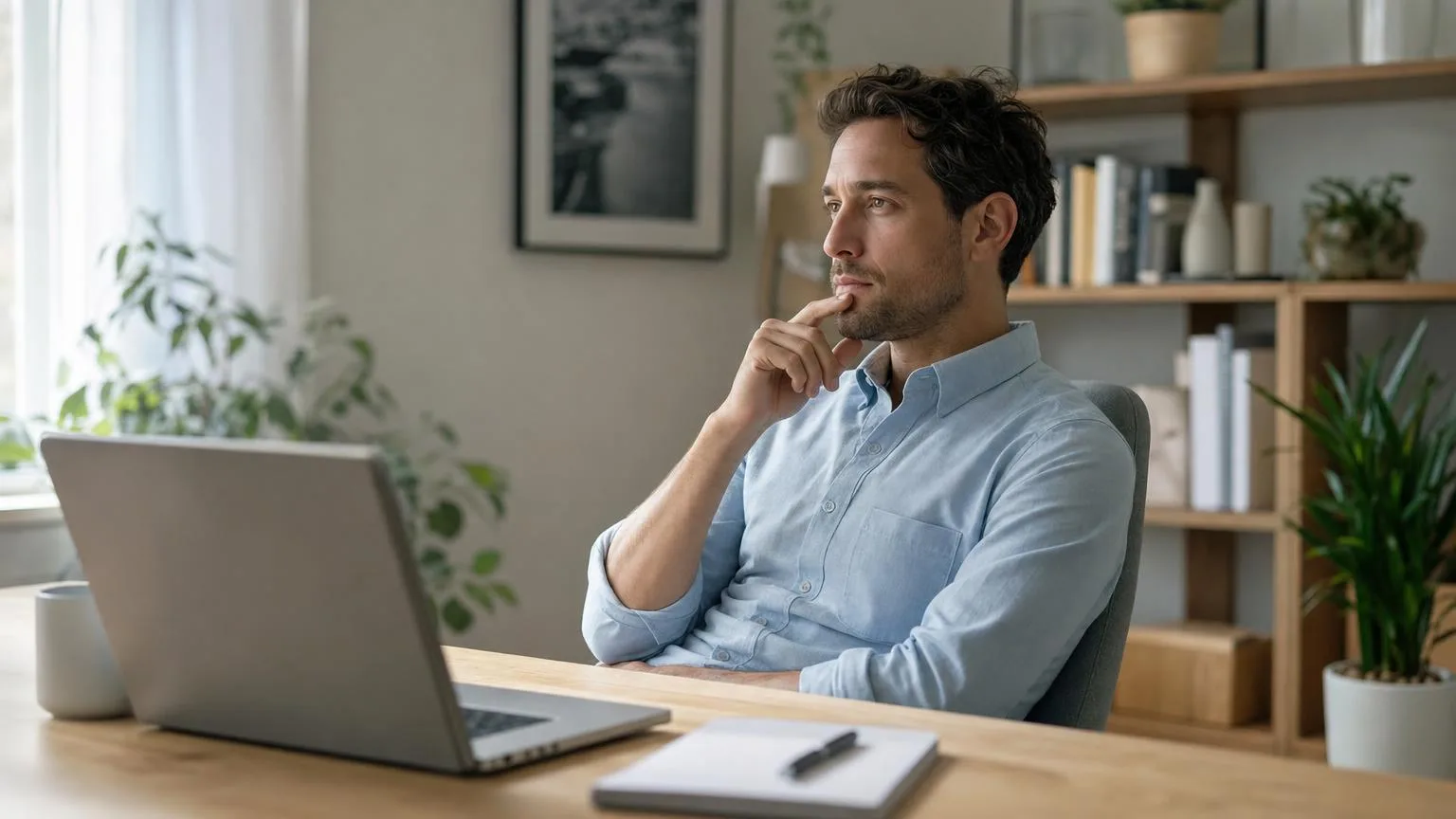 Man sitting thoughtfully at a laptop in a bright home office with plants