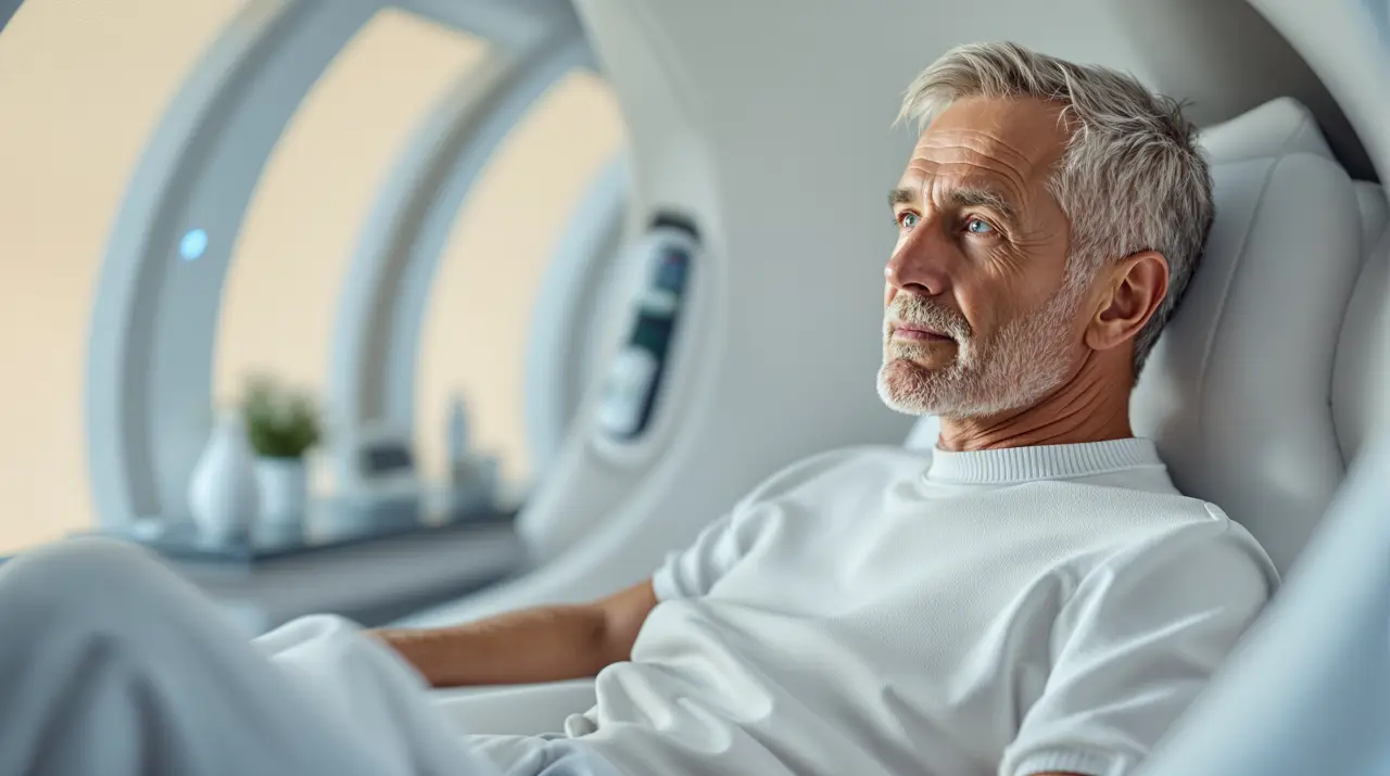 Focused man in his fifties sitting calmly inside a modern hyperbaric chamber in a bright wellness clinic