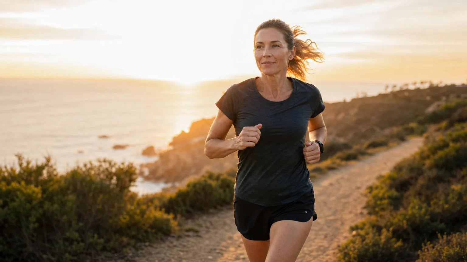 Woman running along a coastal path at sunrise, energized and light on her feet