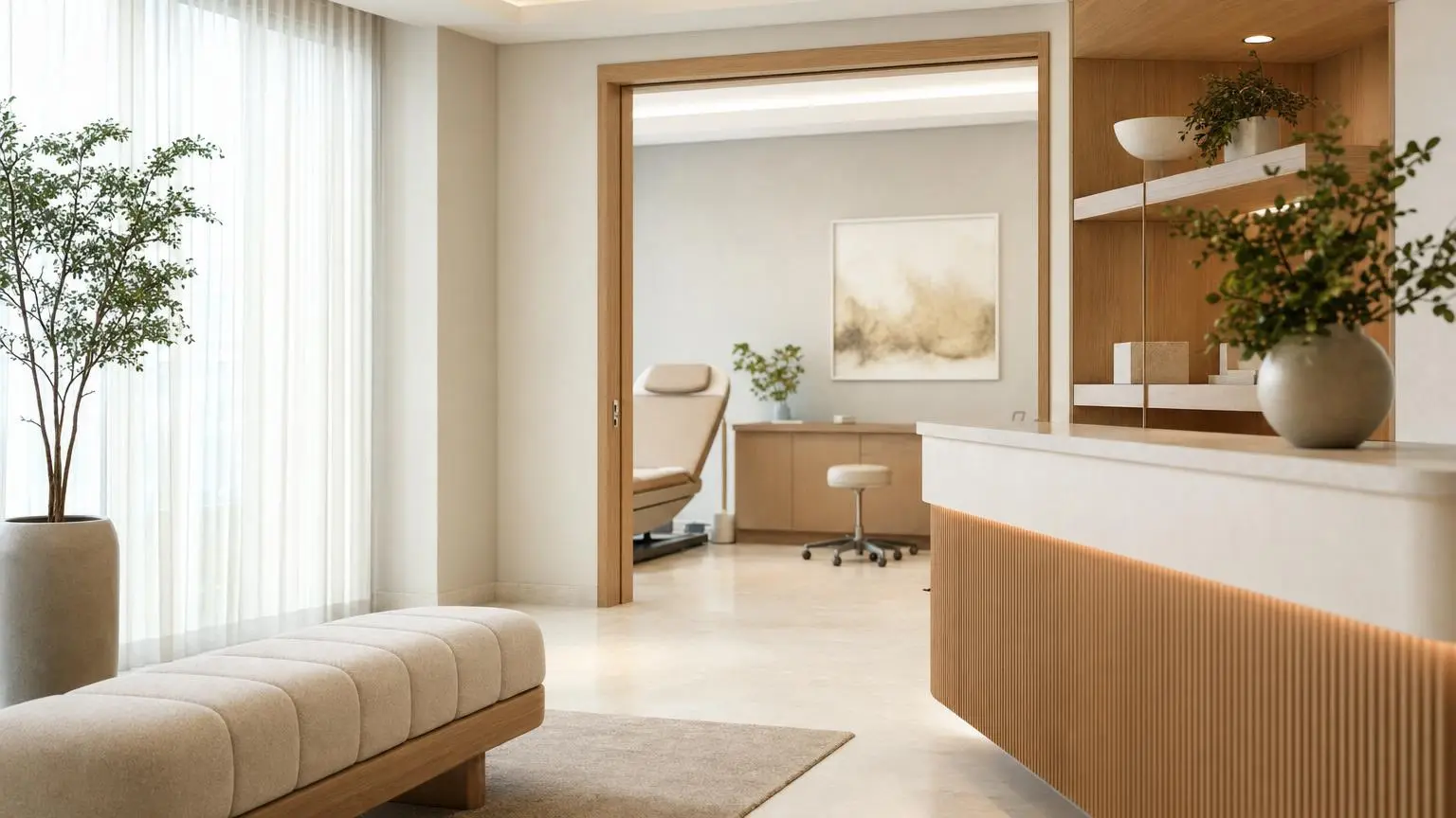 Warm minimalist wellness clinic reception and consultation area in soft natural daylight