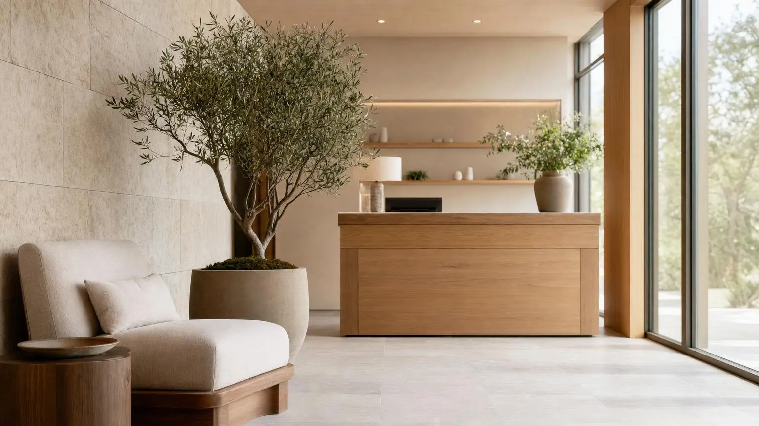 Minimalist wellness center reception with an oak desk, linen armchair and a potted olive tree in morning light