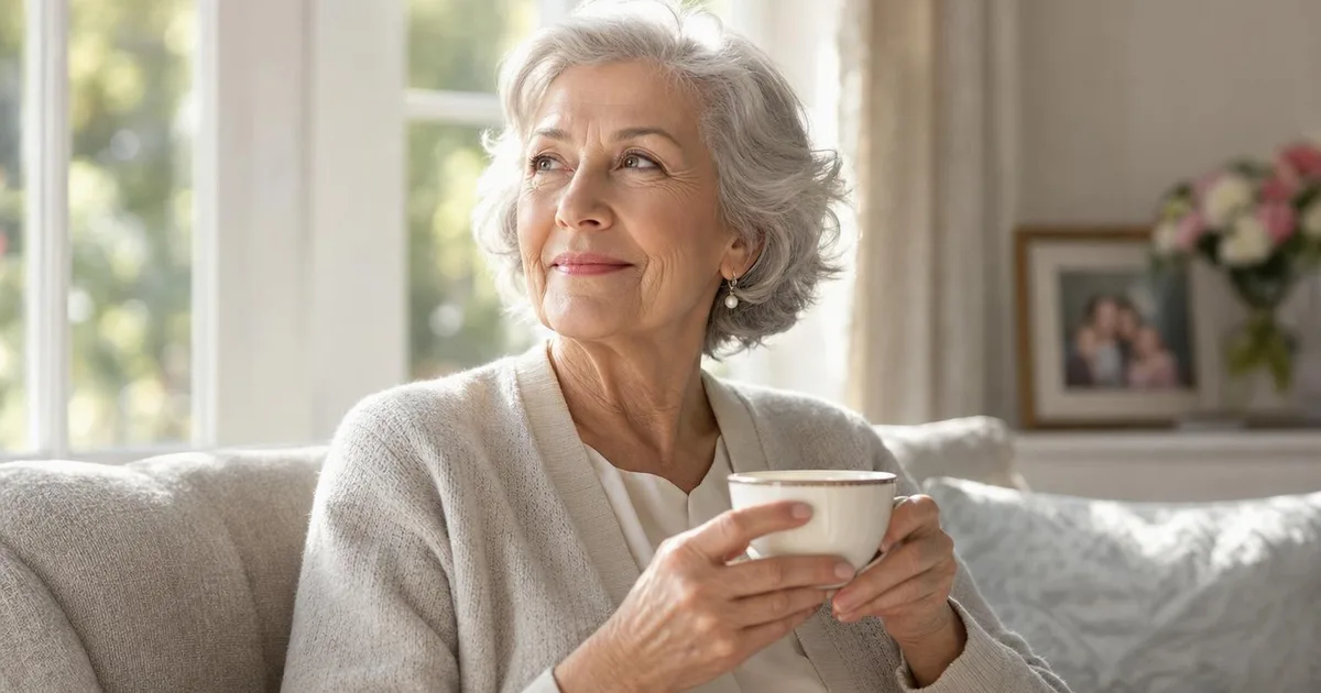Senior woman with silver hair sitting on a sofa by a bright window, holding a warm cup of tea with both hands, calm and hopeful in soft morning light
