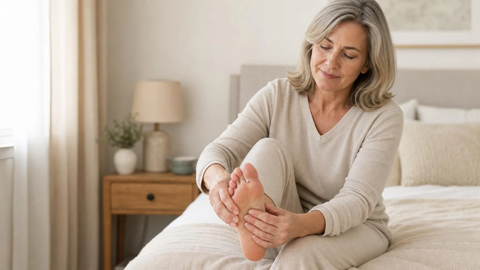 Person checking the sole of a bare foot in soft daylight during a calm home foot-care routine
