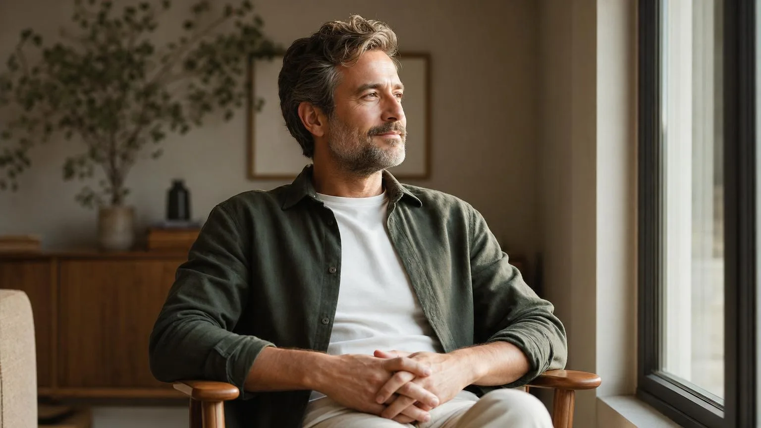 Calm middle-aged man sitting quietly by a window in soft morning light, looking reflective and at ease
