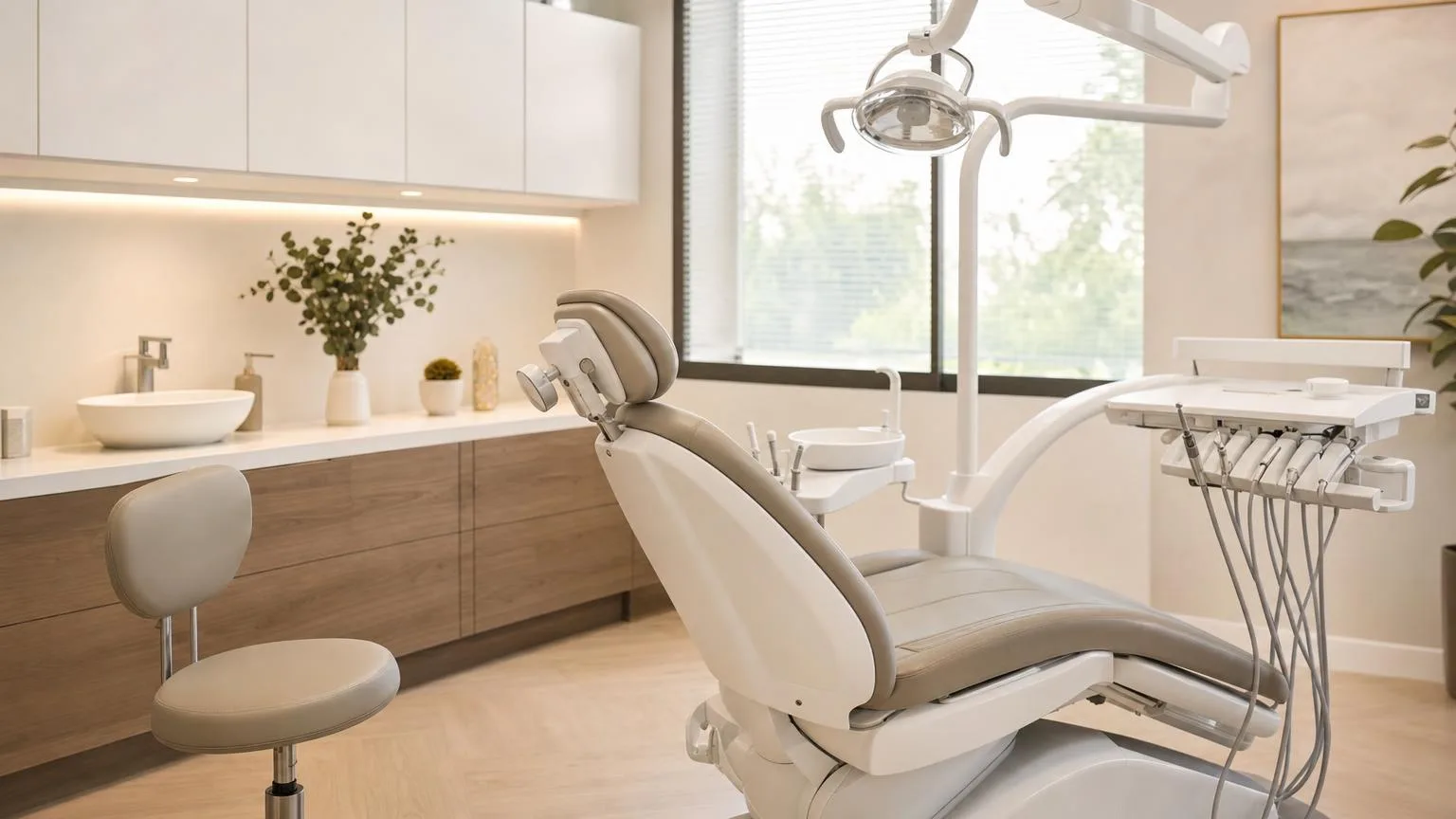 Modern dental treatment room with a dental chair in soft daylight
