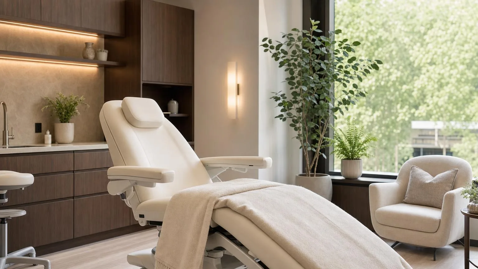 Treatment chair in a bright private clinic recovery room with soft daylight