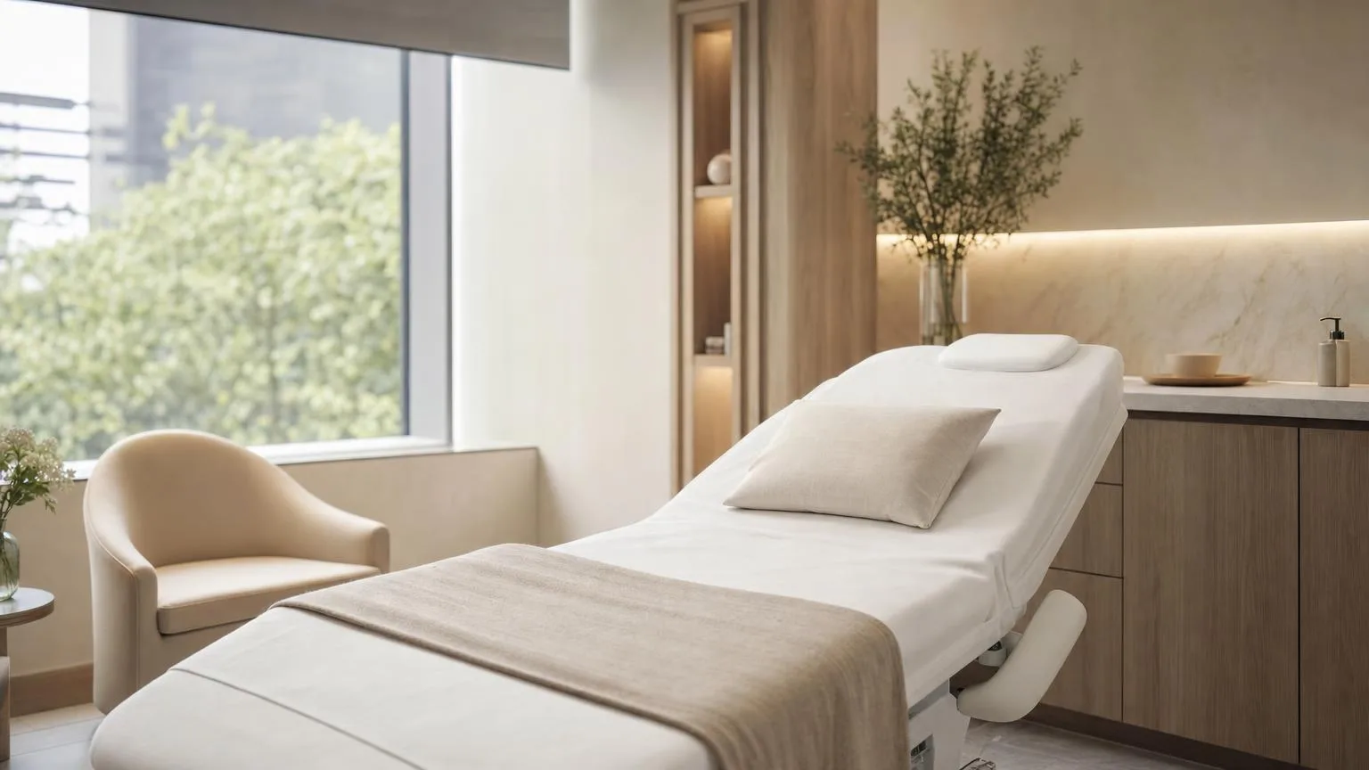 Private recovery suite with a treatment bed in a premium aesthetic clinic