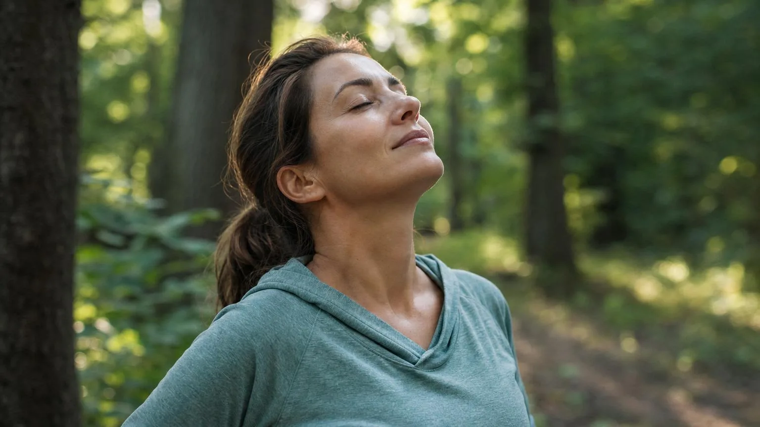 Woman in a green forest taking a deep breath of fresh air, calm and resilient