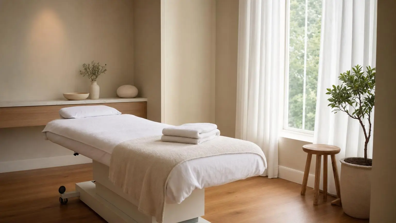 Calm minimalist clinic treatment room with a neatly made bed and soft daylight from a curtained window