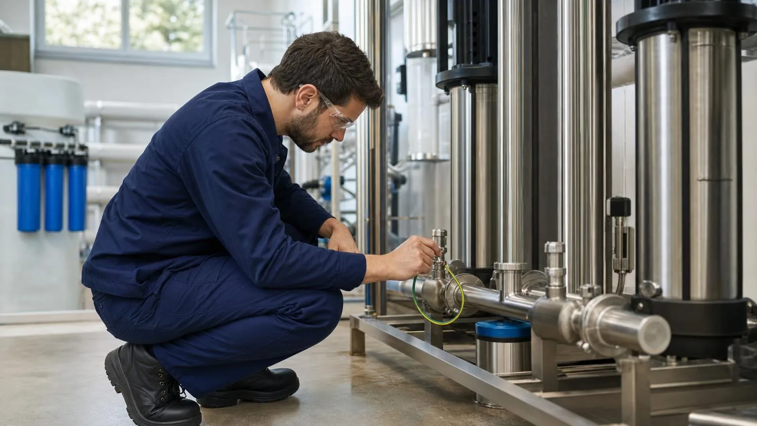 Technician in navy work uniform and safety glasses crouching to inspect a grounding cable on stainless steel piping in a clean equipment room