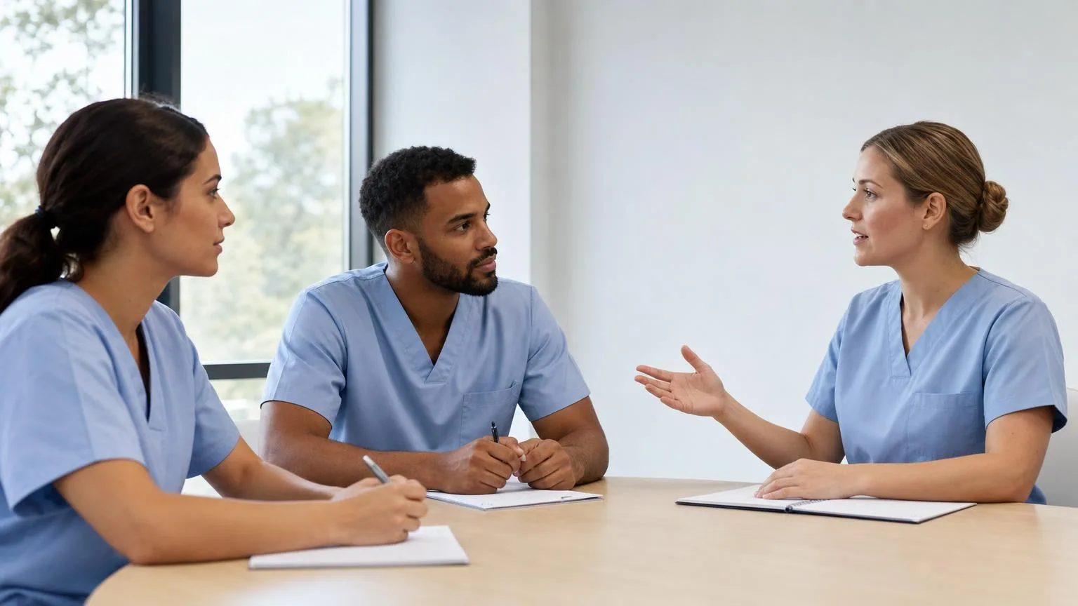 Three clinical staff in light blue scrubs taking notes around a table while a colleague explains something in a bright training room