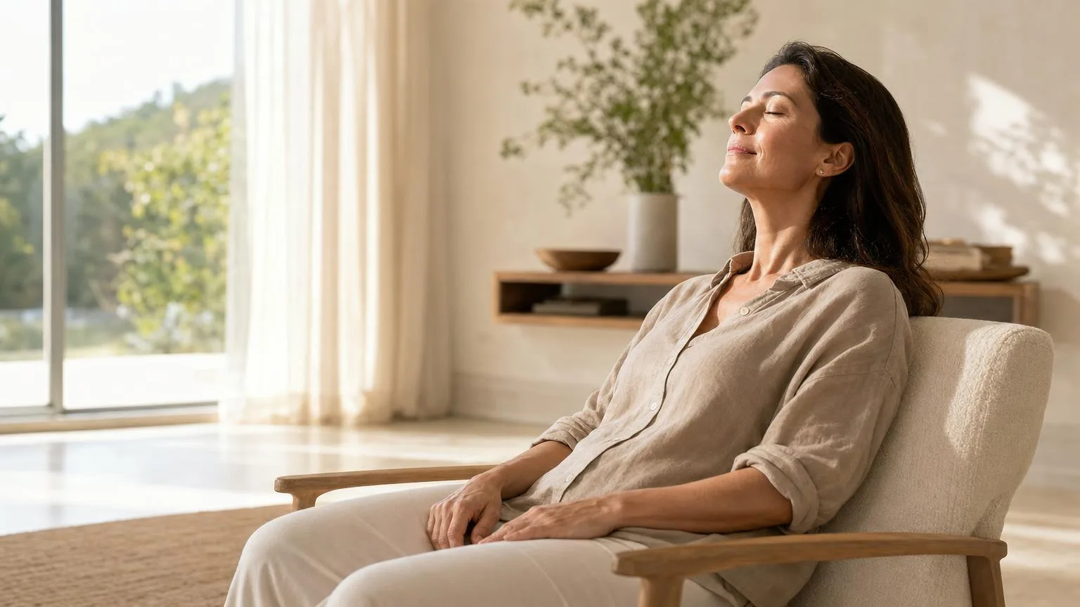 Woman with eyes closed taking a slow deep breath beside a large sunlit window in an airy room