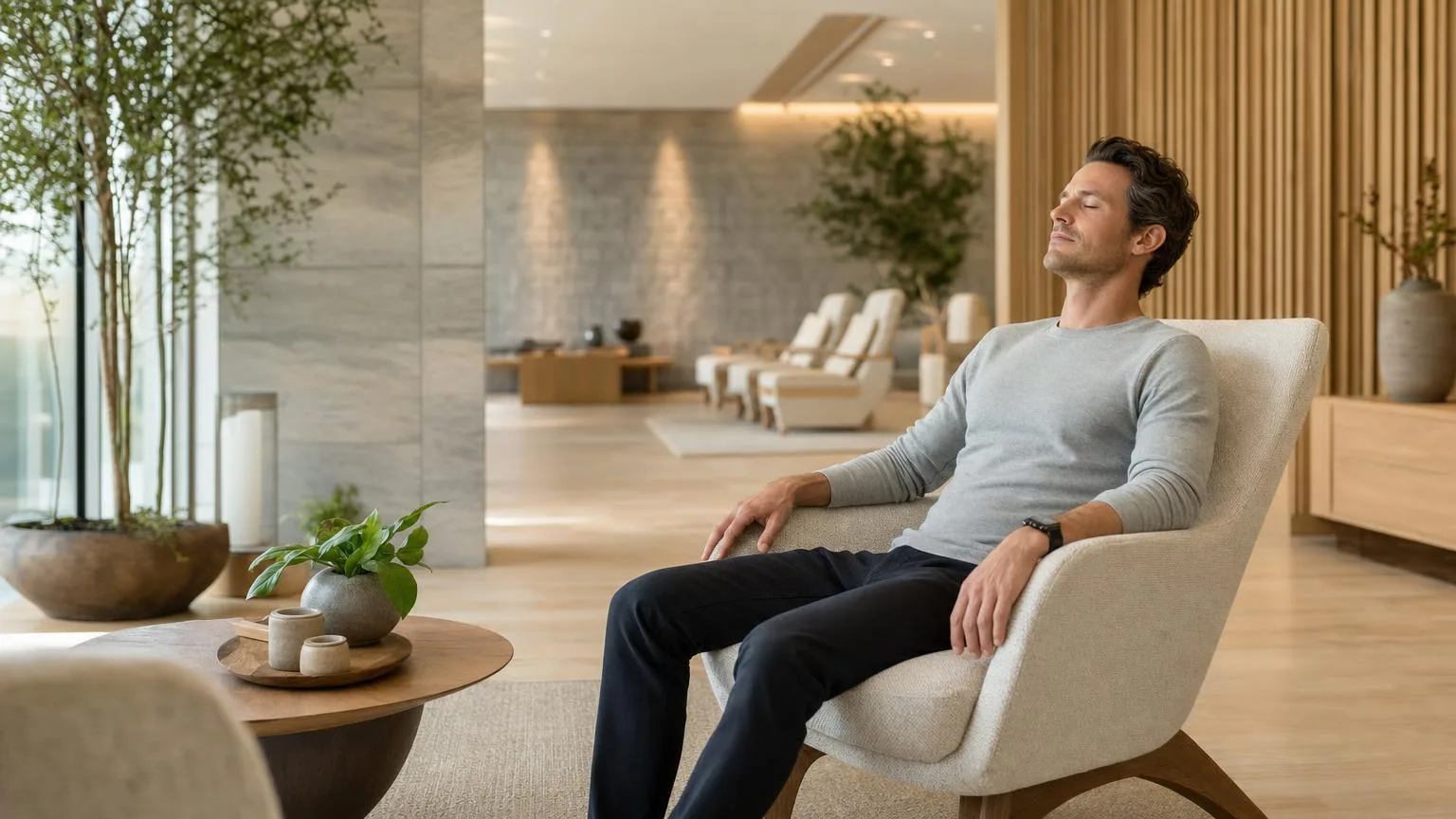 Man resting with eyes closed in an armchair in a bright premium wellness lounge