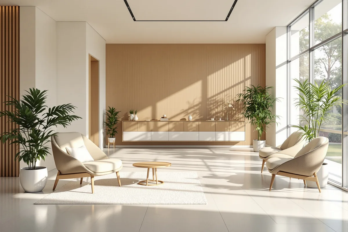 Calm modern wellness clinic lounge with comfortable seating and warm natural light