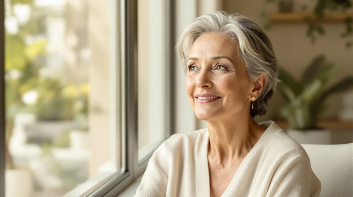 Smiling woman in her early 60s with healthy, radiant skin sitting by a sunlit window in a calm modern wellness clinic