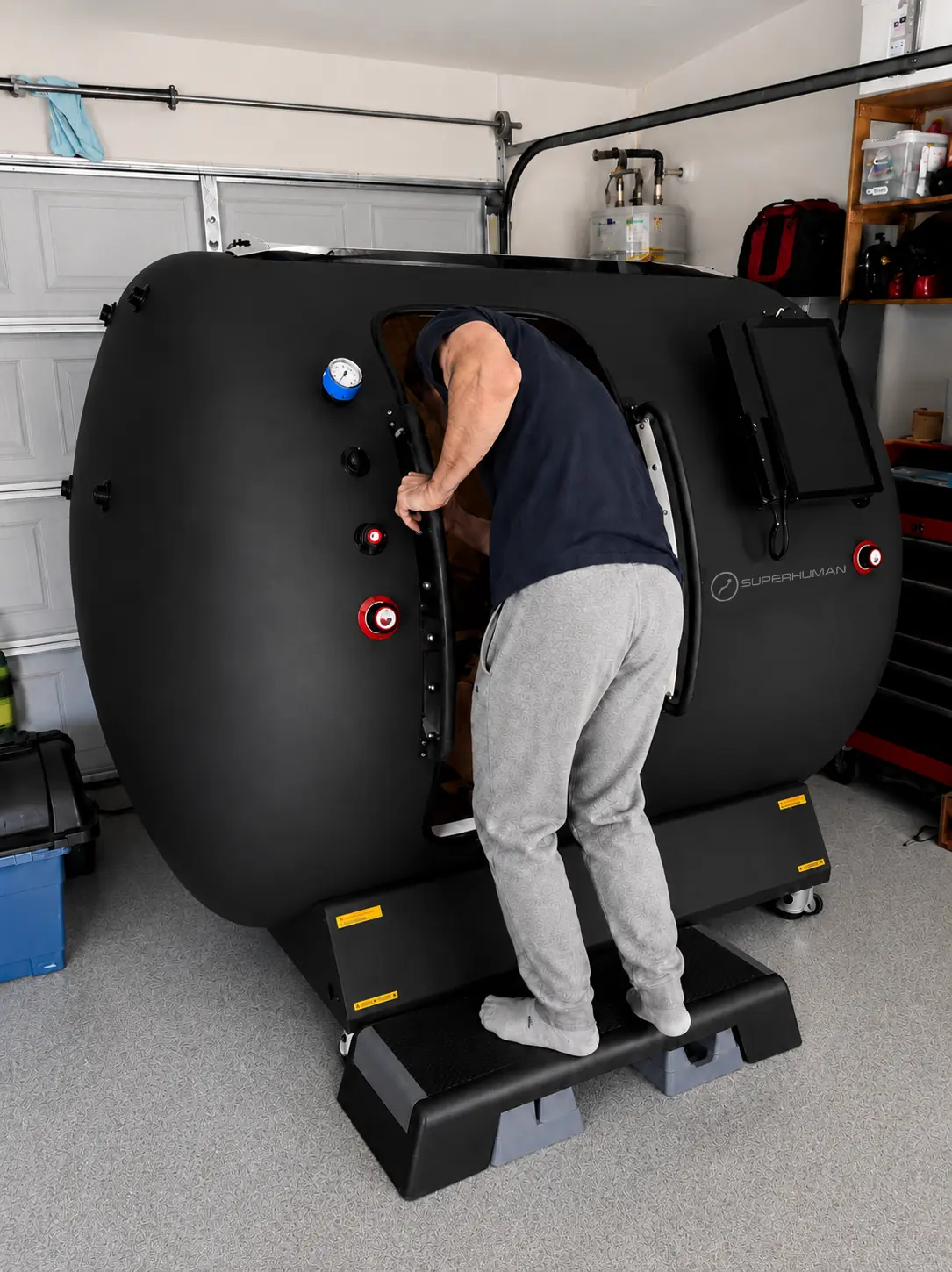 Superhuman hyperbaric chamber undergoing pressure-vessel testing