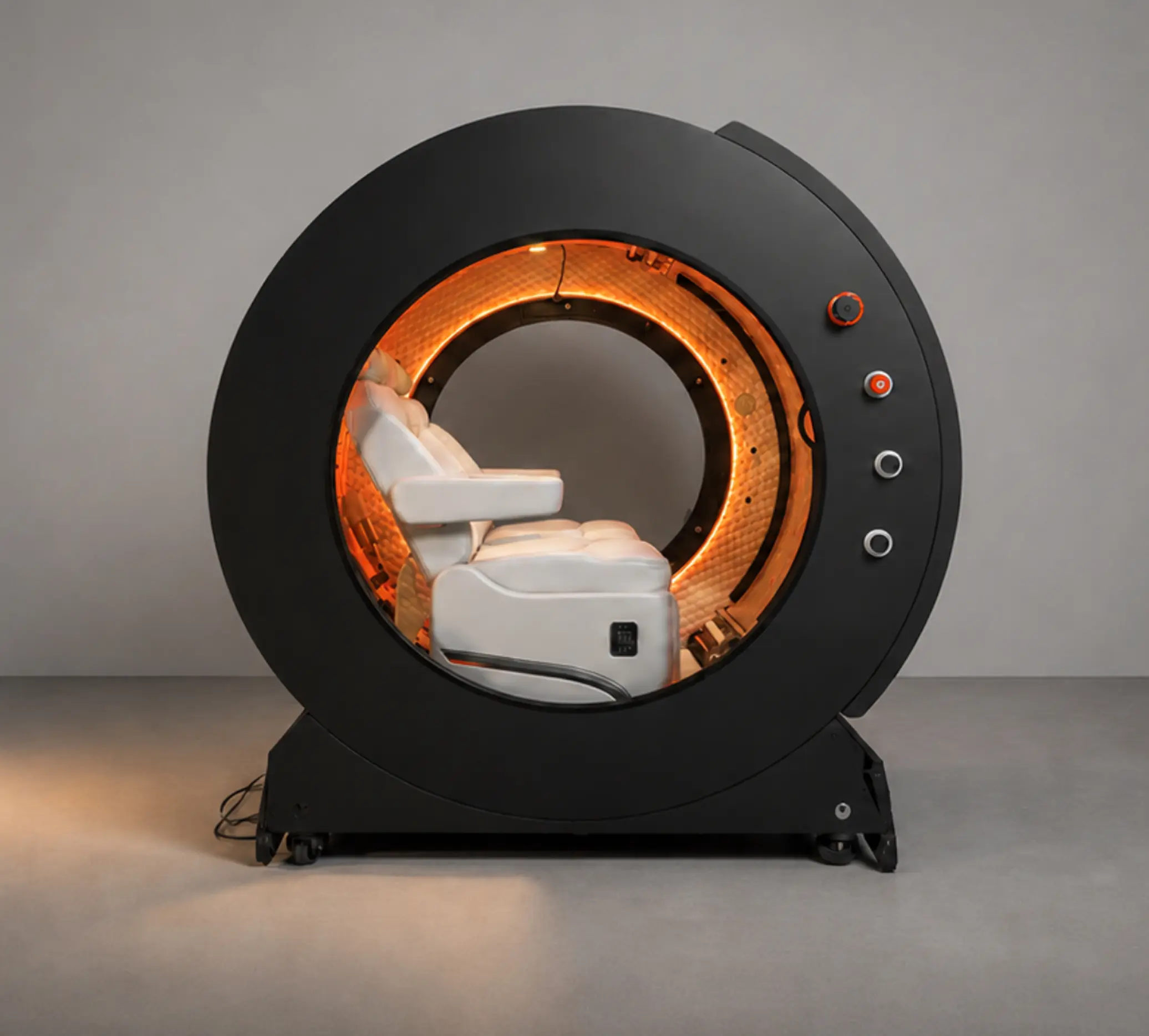 Superhuman X exterior, single reclined seat framed by the viewport ring